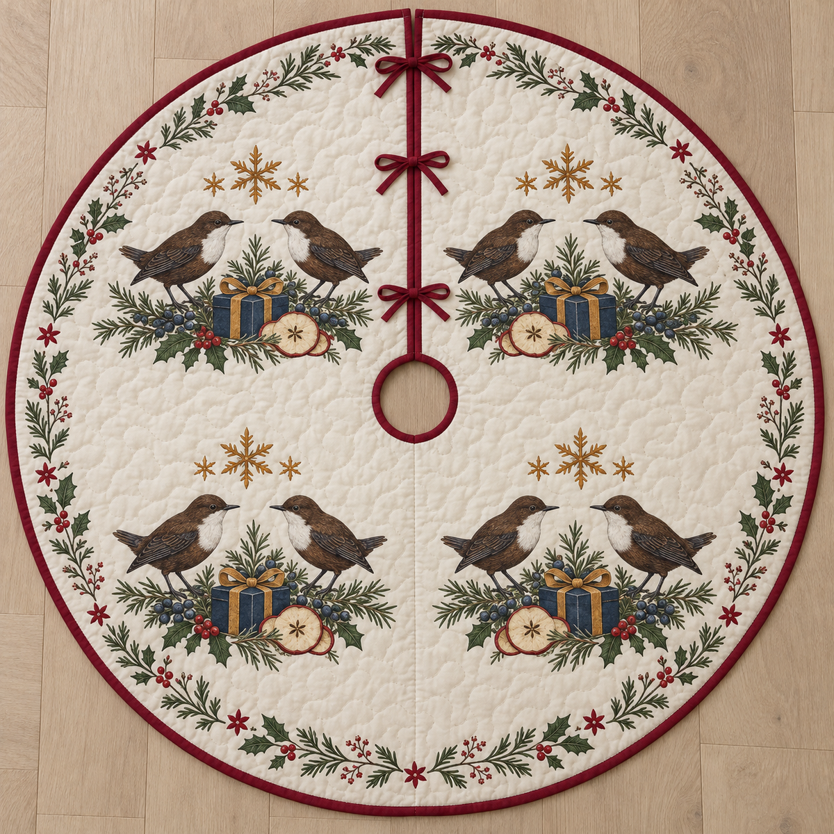 One ivory quilted circular tree skirt with eight white-throated dippers in four pairs, navy gifts, apple slices juniper holly sprigs and ochre snowflake stars, cranberry binding centered opening slit and three ties