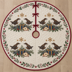 One ivory quilted circular tree skirt with eight white-throated dippers in four pairs, navy gifts, apple slices juniper holly sprigs and ochre snowflake stars, cranberry binding centered opening slit and three ties