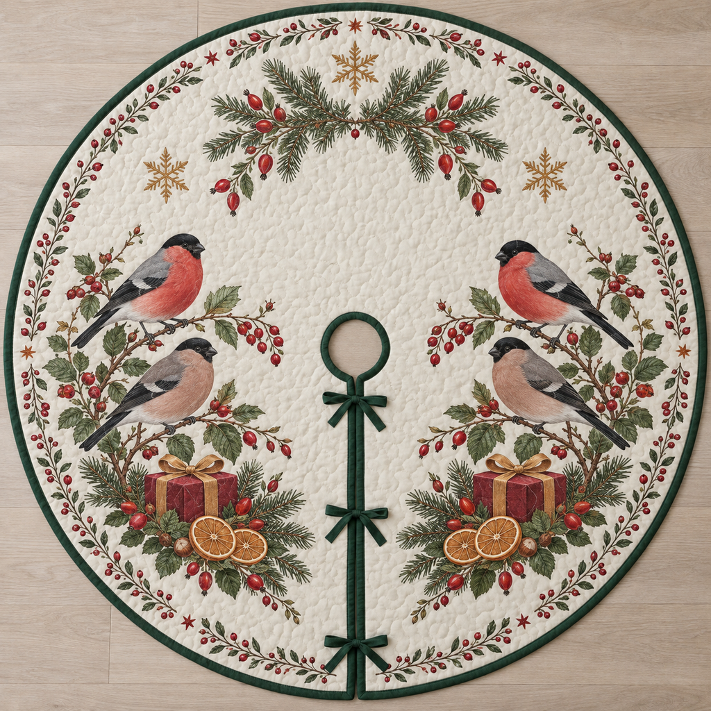 One ivory quilted circular tree skirt with four Eurasian bullfinches, cranberry gifts, orange slices fir rosehip sprigs and ochre snowflake stars, green binding centered opening slit and ties