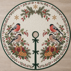 One ivory quilted circular tree skirt with four Eurasian bullfinches, cranberry gifts, orange slices fir rosehip sprigs and ochre snowflake stars, green binding centered opening slit and ties