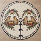 One ivory quilted circular tree skirt with four Alpine marmots, apple sleds, fir holly cinnamon arches and ochre bells, navy binding centered opening slit and ties