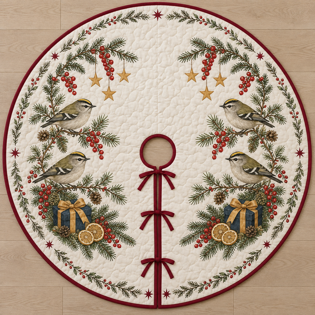 One ivory quilted circular tree skirt with four goldcrests, navy gifts, lemon slices fir redcurrant sprigs and ochre stars, cranberry binding centered opening slit and ties