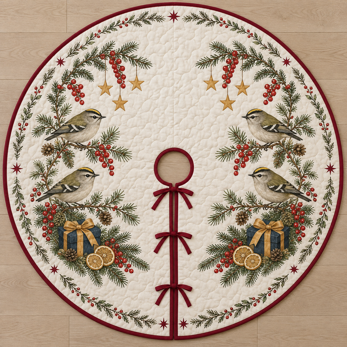 One ivory quilted circular tree skirt with four goldcrests, navy gifts, lemon slices fir redcurrant sprigs and ochre stars, cranberry binding centered opening slit and ties