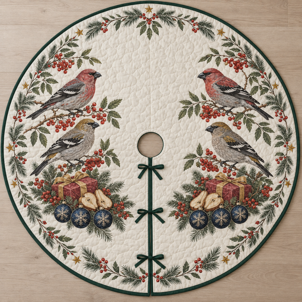 One ivory quilted circular tree skirt with four pine grosbeaks, cranberry gifts, pear slices pine rowan sprigs and navy snowflake baubles, green binding centered opening slit and ties