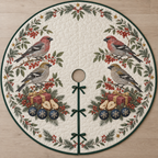 One ivory quilted circular tree skirt with four pine grosbeaks, cranberry gifts, pear slices pine rowan sprigs and navy snowflake baubles, green binding centered opening slit and ties