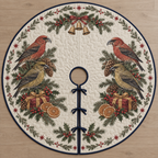 One ivory quilted circular tree skirt with four red crossbills, cranberry gifts, orange slices spruce holly sprigs and ochre bells, navy binding centered opening slit and ties