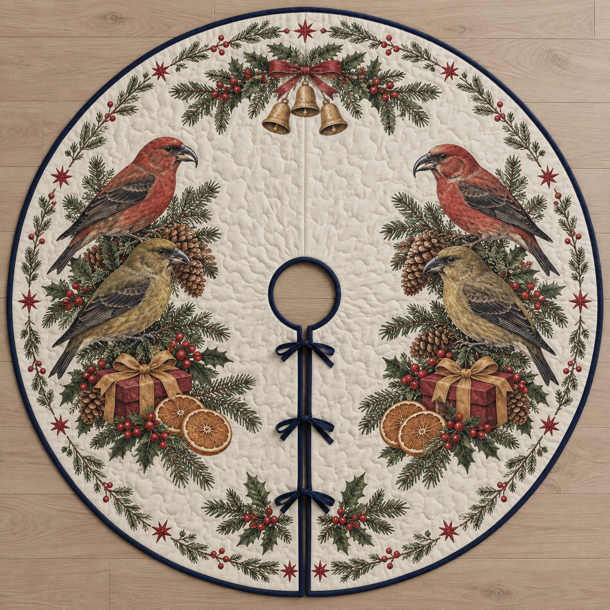 One ivory quilted circular tree skirt with four red crossbills, cranberry gifts, orange slices spruce holly sprigs and ochre bells, navy binding centered opening slit and ties