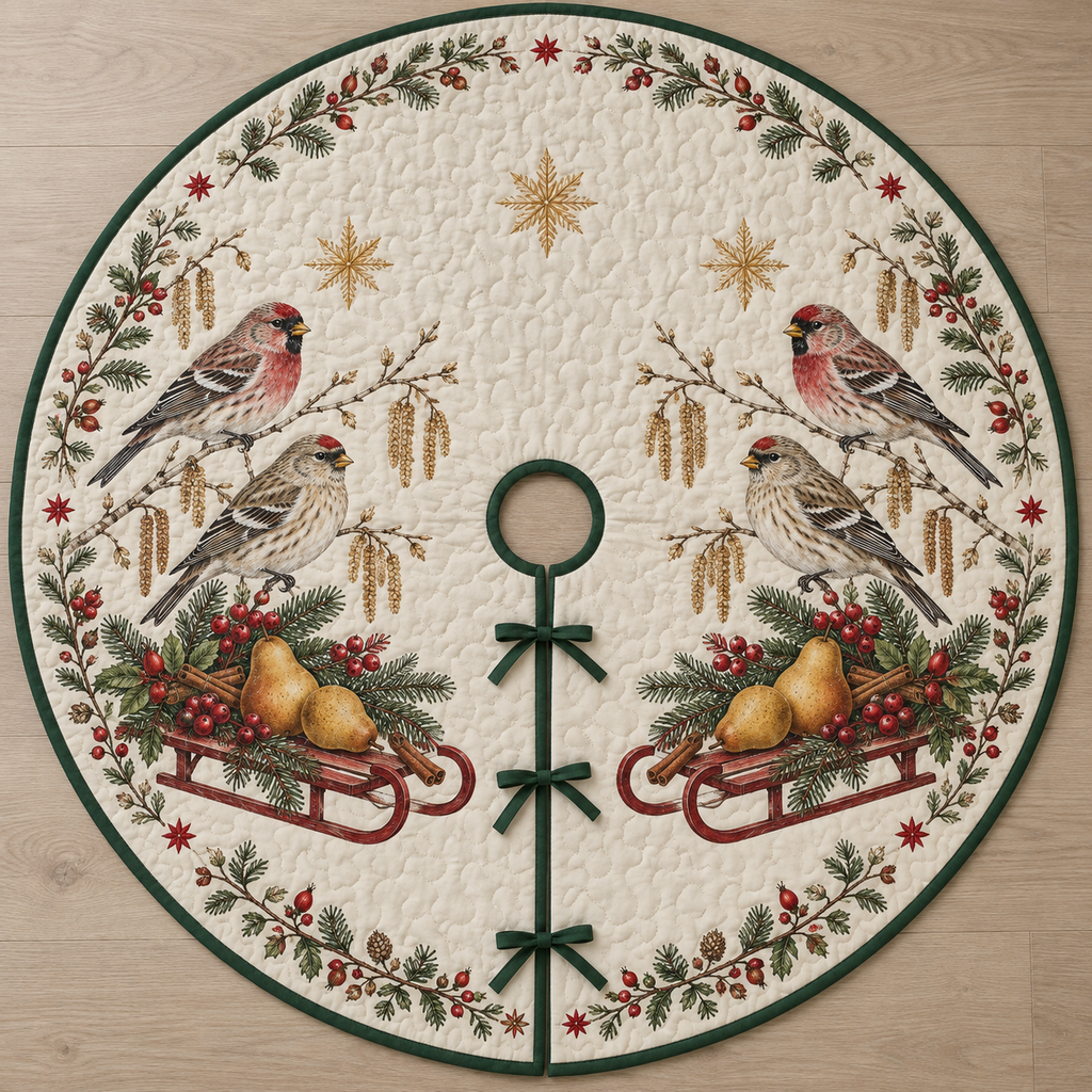 One ivory quilted circular tree skirt with four common redpolls, pear sleds, fir rosehip cinnamon sprigs and ochre snowflake stars, green binding centered opening slit and ties