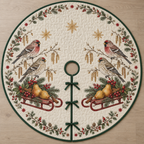 One ivory quilted circular tree skirt with four common redpolls, pear sleds, fir rosehip cinnamon sprigs and ochre snowflake stars, green binding centered opening slit and ties