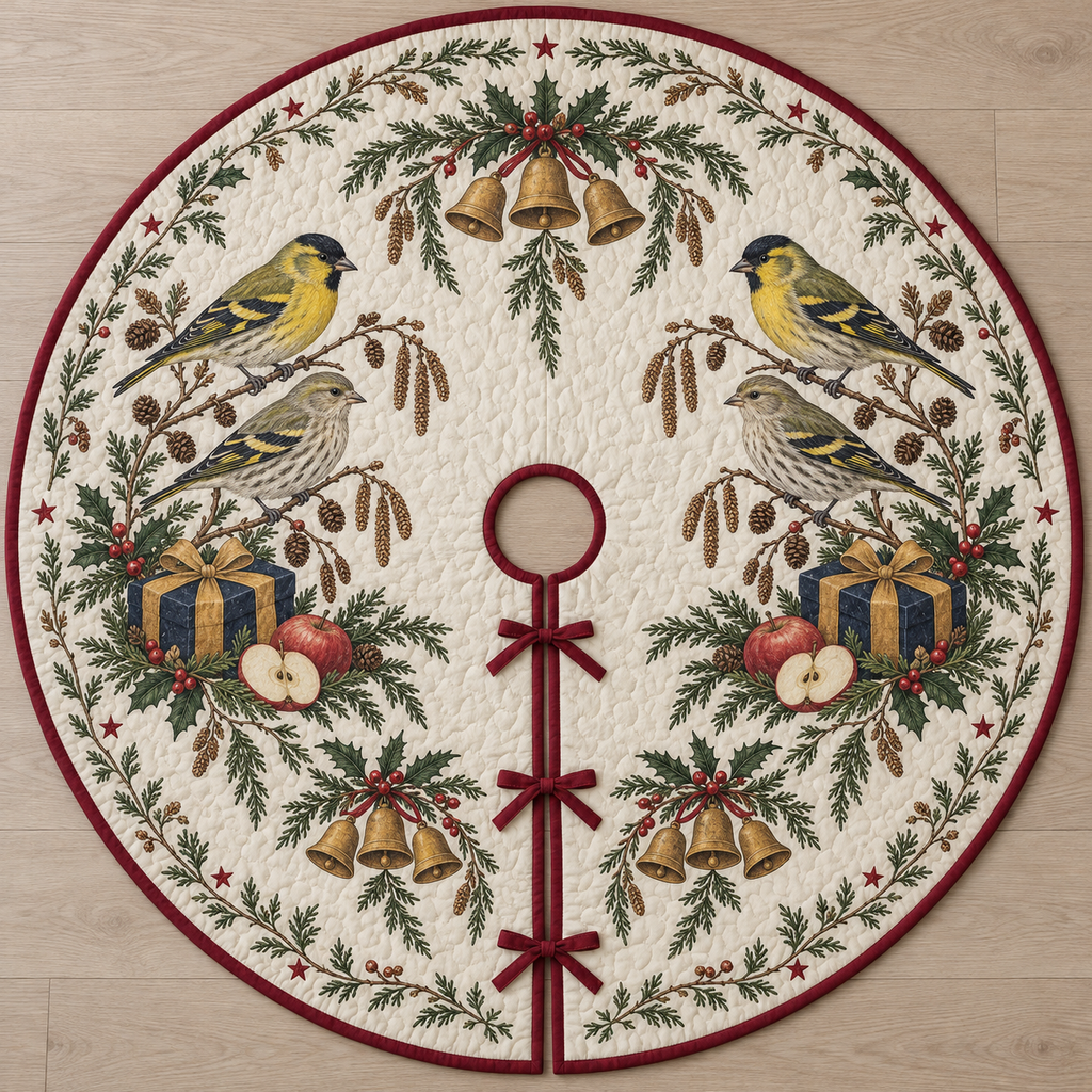 One ivory quilted circular tree skirt with four Eurasian siskins, two navy gifts, whole red apples and cut apple halves, alder catkins cedar holly and nine printed ochre bells, cranberry binding centered opening continuous slit and three ties