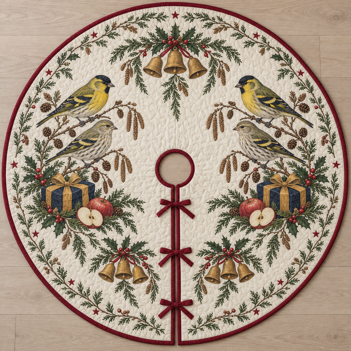 One ivory quilted circular tree skirt with four Eurasian siskins, two navy gifts, whole red apples and cut apple halves, alder catkins cedar holly and nine printed ochre bells, cranberry binding centered opening continuous slit and three ties