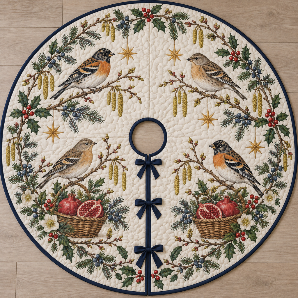 One ivory quilted circular tree skirt with four bramblings two pomegranate baskets hazel juniper holly ochre stars navy binding centered opening continuous slit and three ties