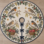 One ivory quilted circular tree skirt with four bramblings two pomegranate baskets hazel juniper holly ochre stars navy binding centered opening continuous slit and three ties
