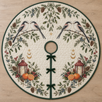 One ivory quilted circular tree skirt with four long-tailed tits two lantern tangerine compositions larch juniper mistletoe ochre moons green binding centered opening continuous slit and three ties