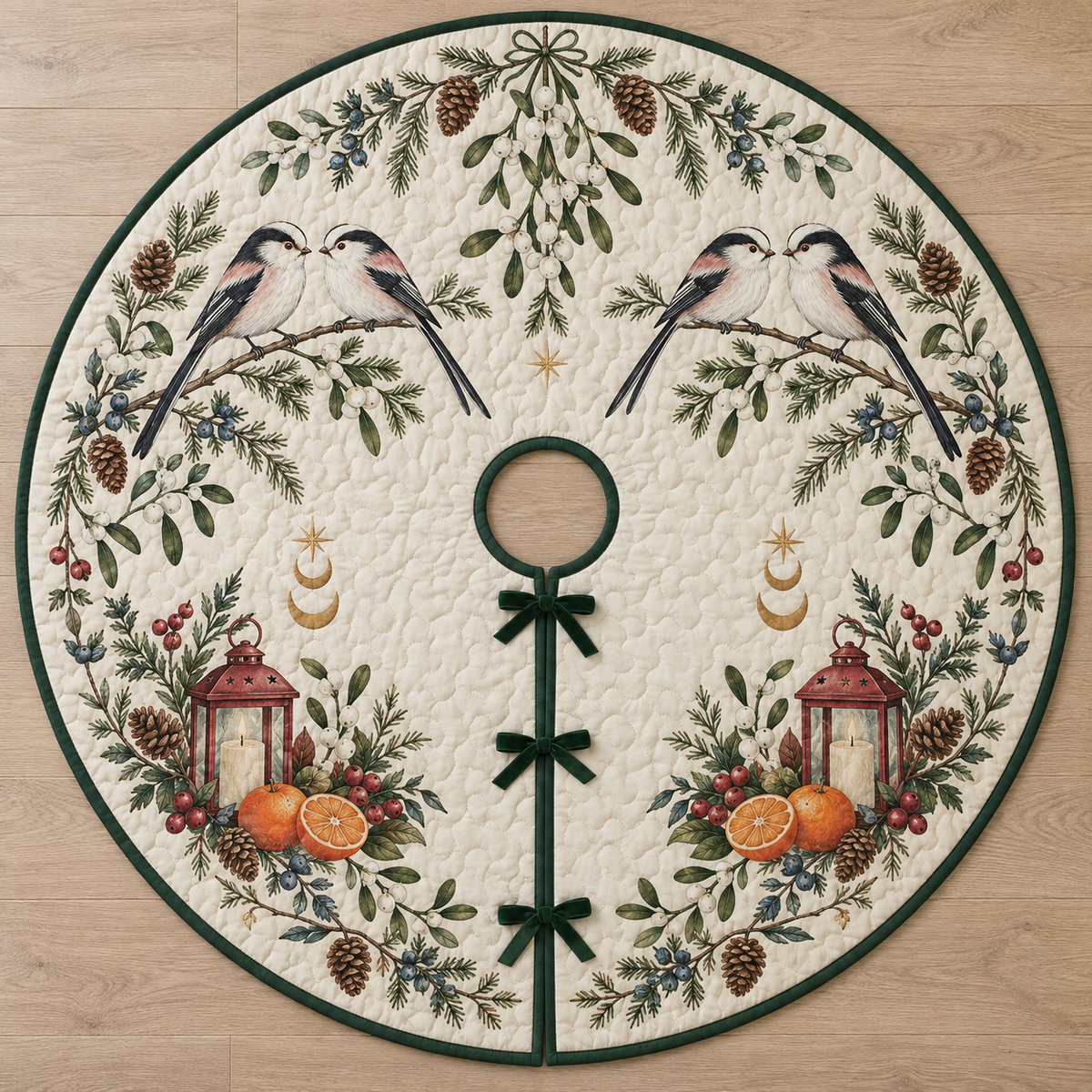 One ivory quilted circular tree skirt with four long-tailed tits two lantern tangerine compositions larch juniper mistletoe ochre moons green binding centered opening continuous slit and three ties