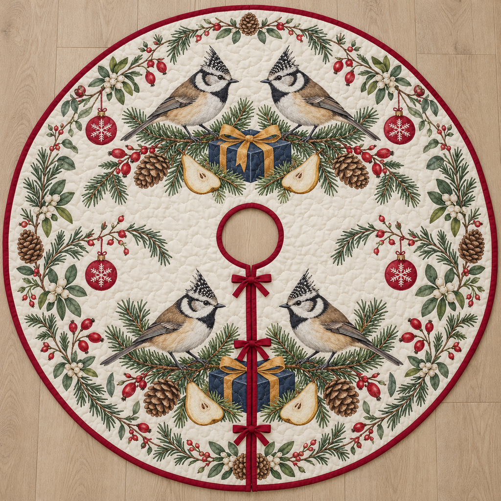 One ivory quilted circular tree skirt with four European crested tits navy gifts pear slices fir rosemary rosehips cranberry snowflake baubles and binding centered opening continuous slit three ties