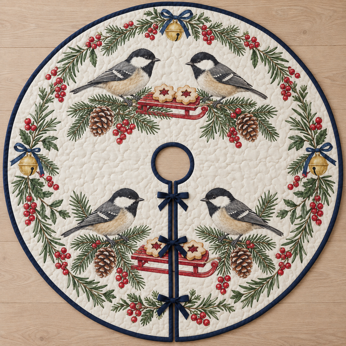 One ivory quilted circular tree skirt with four coal tits two cranberry cookie sleds spruce rosemary redcurrants ochre bells navy binding centered opening continuous slit three ties
