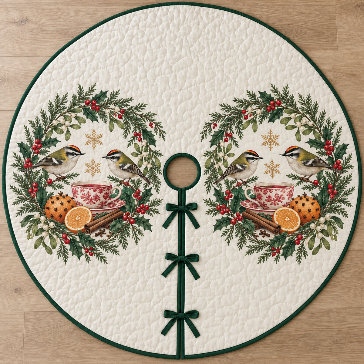 One ivory quilted circular tree skirt with four firecrests two cedar tea wreaths cream cups with cranberry patterns clove oranges cinnamon holly mistletoe ochre snowflakes green binding centered hole continuous slit three ties