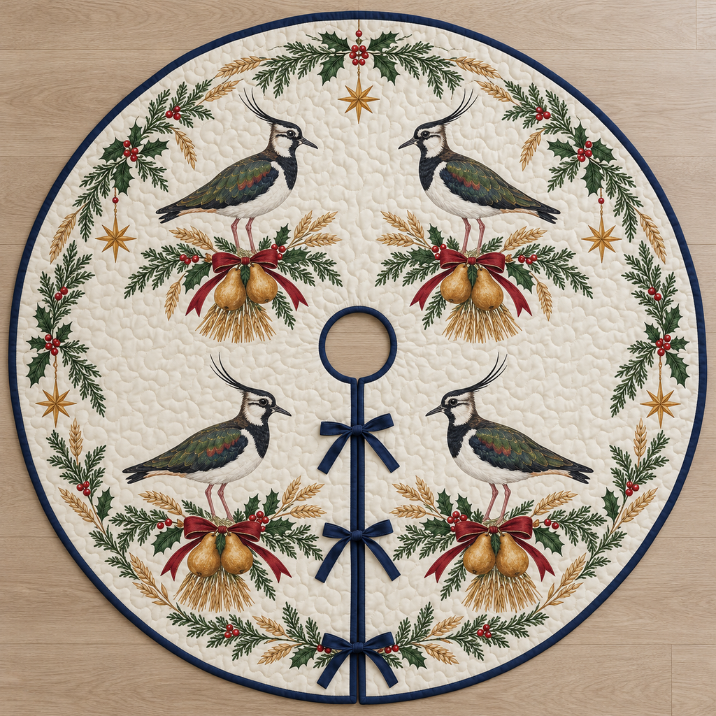One ivory quilted circular tree skirt with four northern lapwings wheat bundles golden pears cedar holly ochre stars navy binding centered hole continuous slit three ties