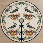 One ivory quilted circular tree skirt with four northern lapwings wheat bundles golden pears cedar holly ochre stars navy binding centered hole continuous slit three ties