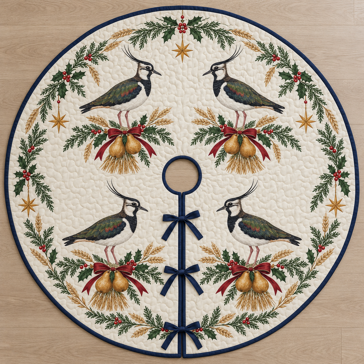 One ivory quilted circular tree skirt with four northern lapwings wheat bundles golden pears cedar holly ochre stars navy binding centered hole continuous slit three ties