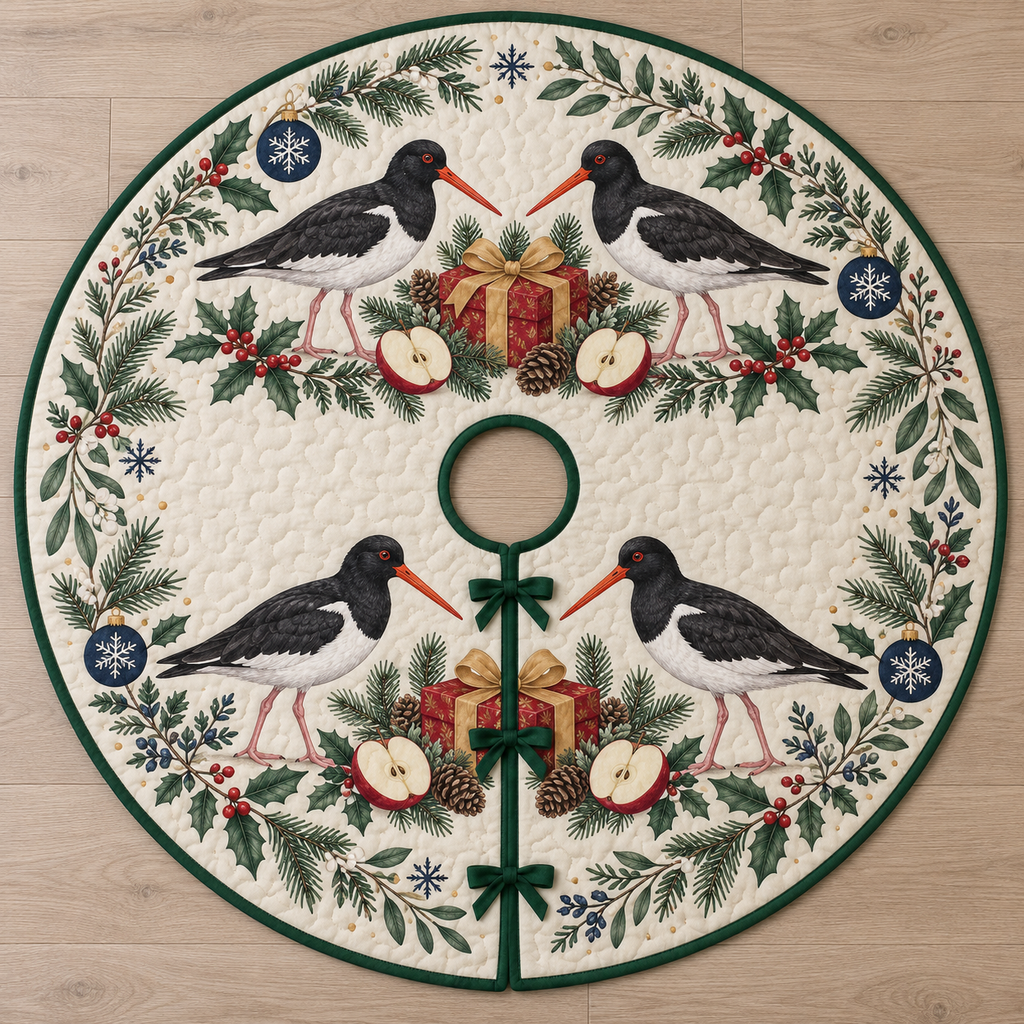 One ivory quilted circular tree skirt with four Eurasian oystercatchers cranberry apple gifts fir holly bay navy snowflake baubles green binding centered hole continuous slit three ties