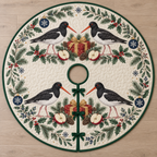 One ivory quilted circular tree skirt with four Eurasian oystercatchers cranberry apple gifts fir holly bay navy snowflake baubles green binding centered hole continuous slit three ties