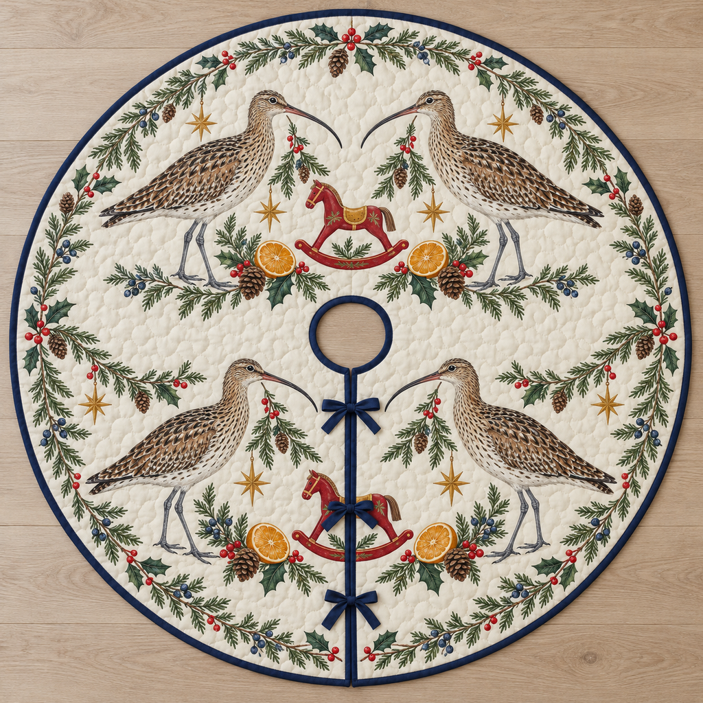 One ivory quilted circular tree skirt with four Eurasian curlews cranberry rocking horses orange slices cedar juniper holly ochre stars navy binding centered hole continuous slit three ties