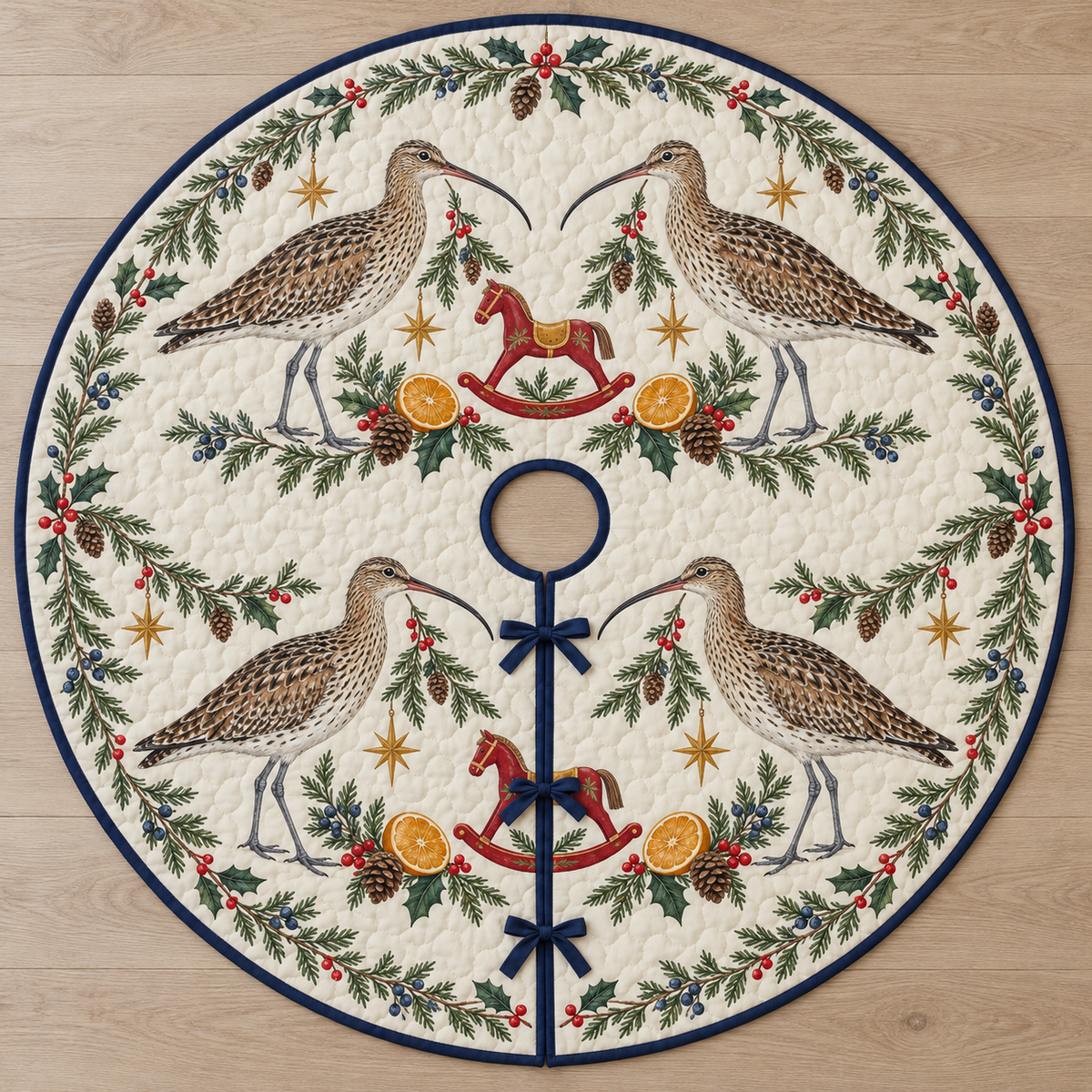 One ivory quilted circular tree skirt with four Eurasian curlews cranberry rocking horses orange slices cedar juniper holly ochre stars navy binding centered hole continuous slit three ties