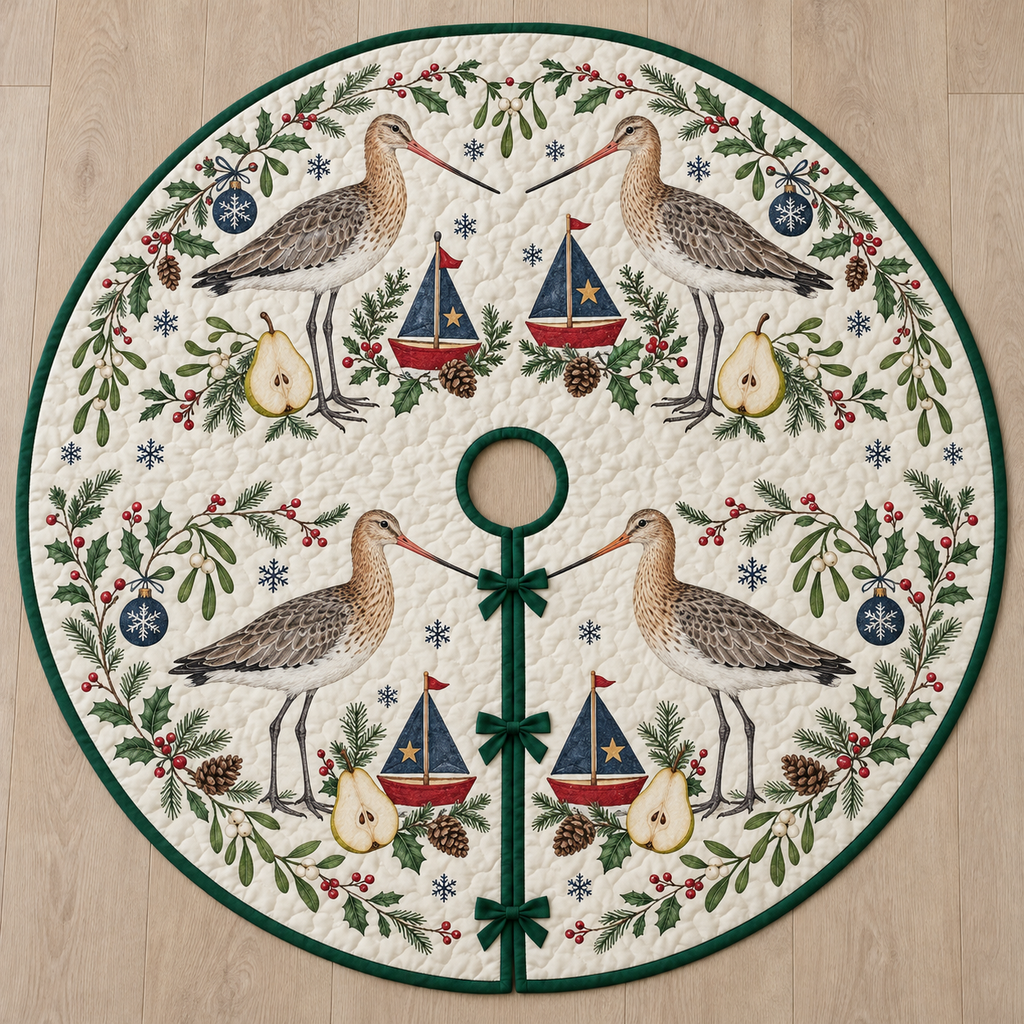 One ivory quilted circular tree skirt with four black-tailed godwits cranberry toy sailboats navy sails pear halves fir mistletoe holly snowflake baubles green binding centered hole continuous slit three ties