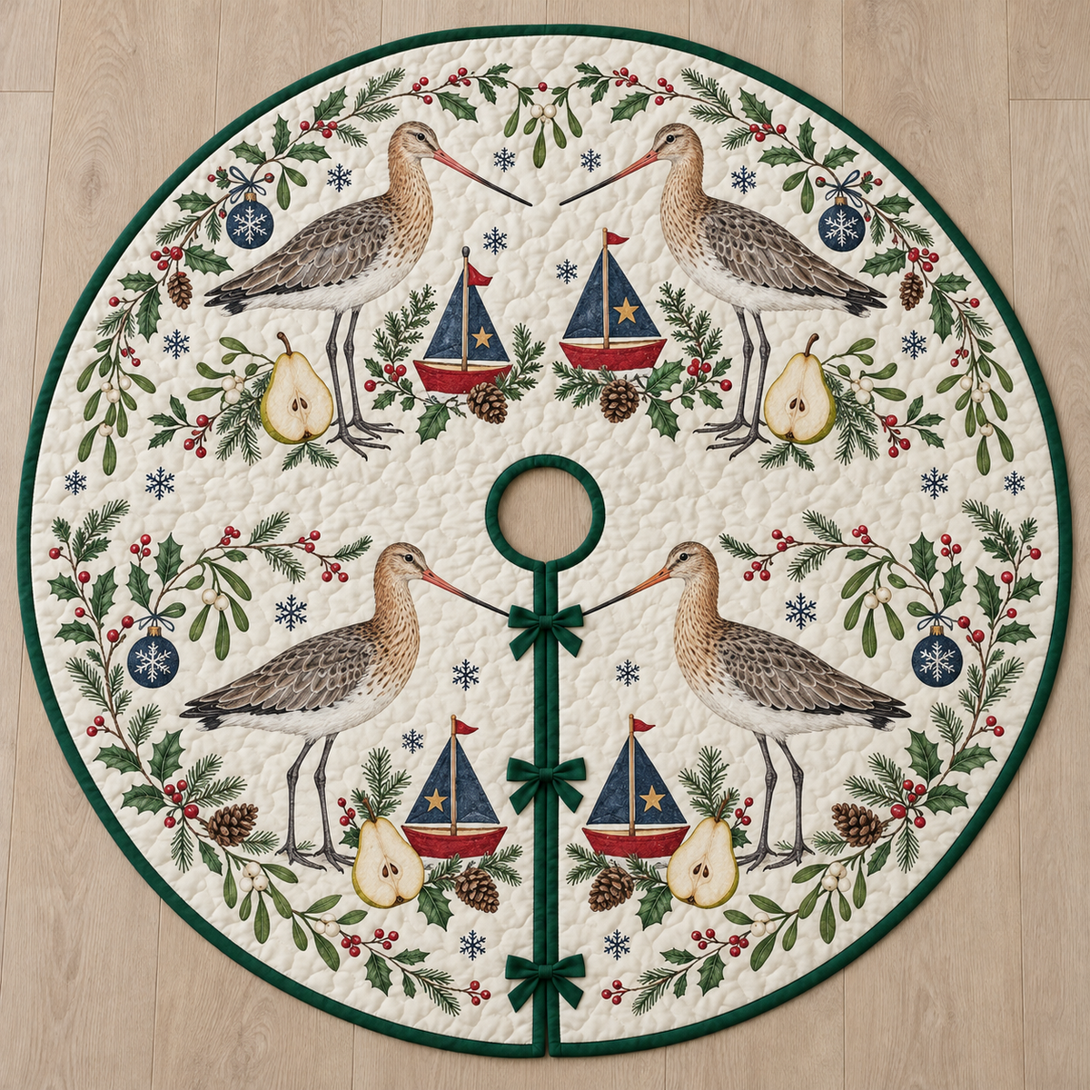 One ivory quilted circular tree skirt with four black-tailed godwits cranberry toy sailboats navy sails pear halves fir mistletoe holly snowflake baubles green binding centered hole continuous slit three ties