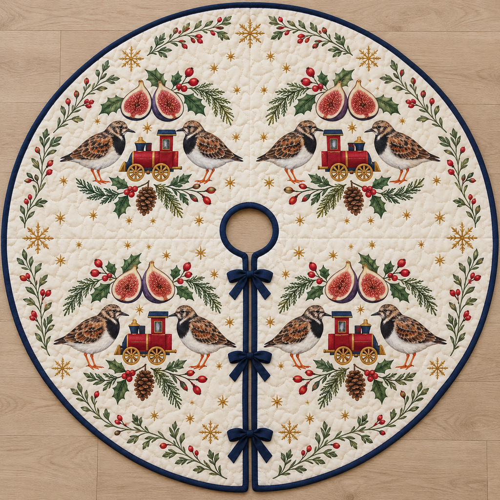 One ivory quilted circular tree skirt with eight ruddy turnstones cranberry toy trains fig halves cedar rosehips holly ochre snowflake stars navy binding centered hole continuous slit three ties