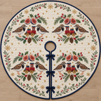 One ivory quilted circular tree skirt with eight ruddy turnstones cranberry toy trains fig halves cedar rosehips holly ochre snowflake stars navy binding centered hole continuous slit three ties