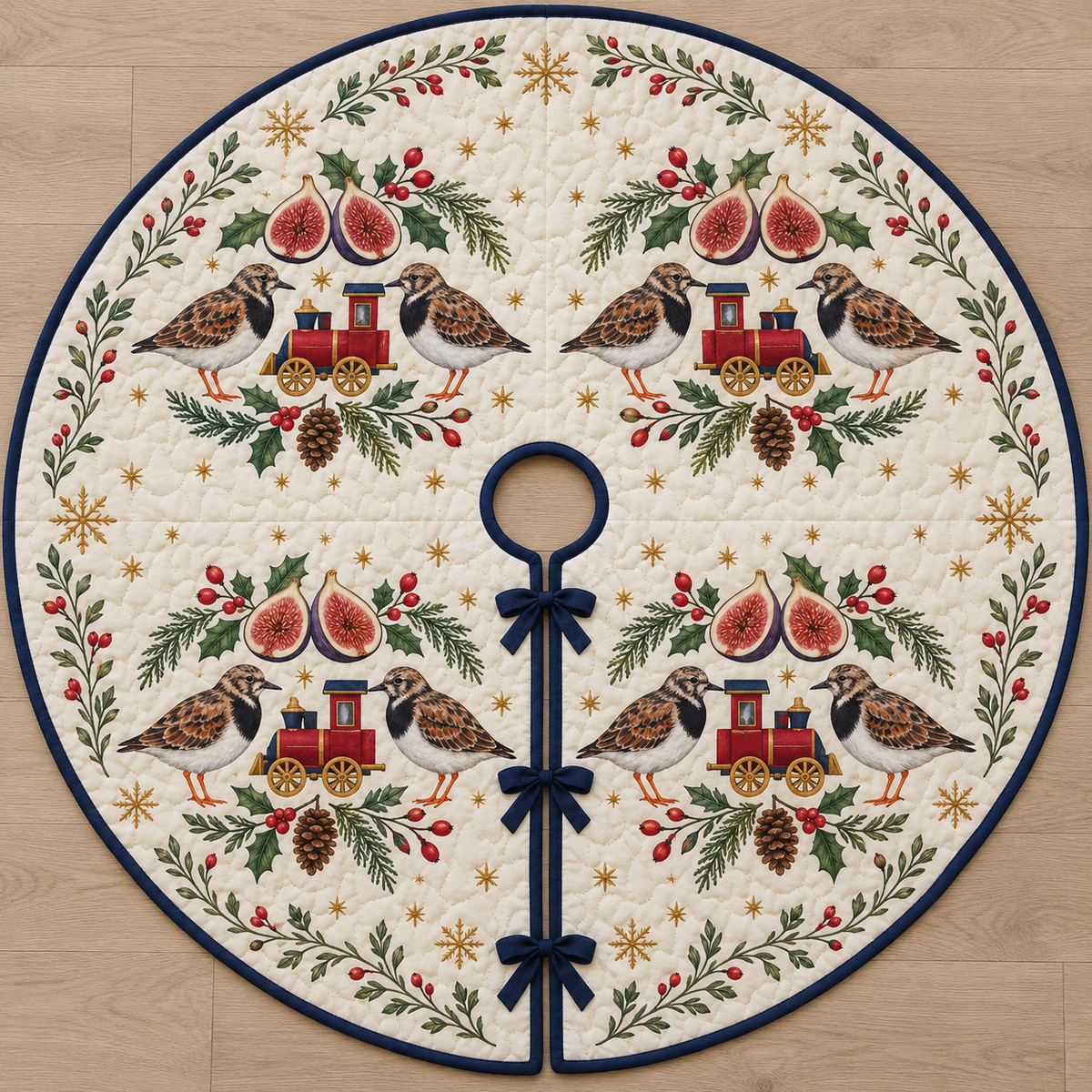 One ivory quilted circular tree skirt with eight ruddy turnstones cranberry toy trains fig halves cedar rosehips holly ochre snowflake stars navy binding centered hole continuous slit three ties
