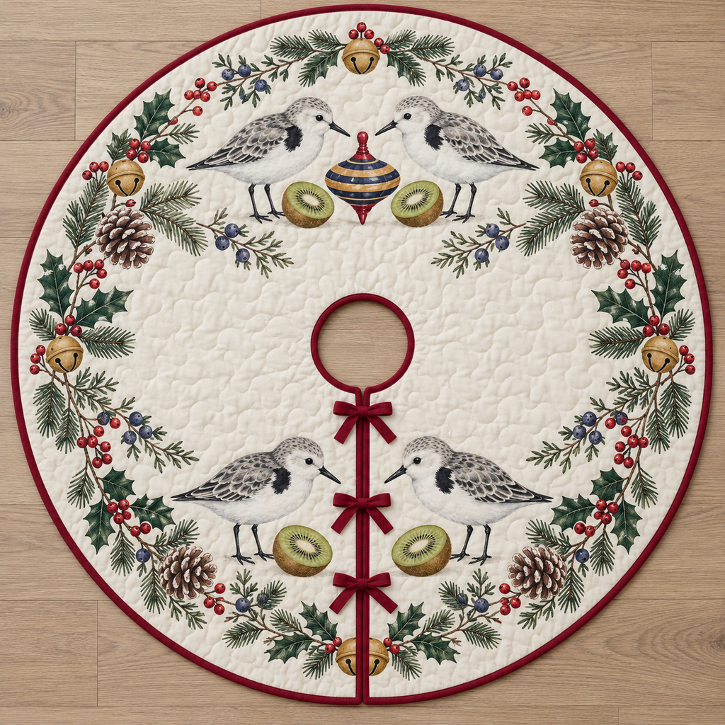 One ivory quilted circular tree skirt with four sanderlings one navy toy spinning top kiwi halves fir juniper holly ochre bells cranberry binding centered hole continuous slit three ties