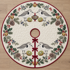 One ivory quilted circular tree skirt with four sanderlings one navy toy spinning top kiwi halves fir juniper holly ochre bells cranberry binding centered hole continuous slit three ties