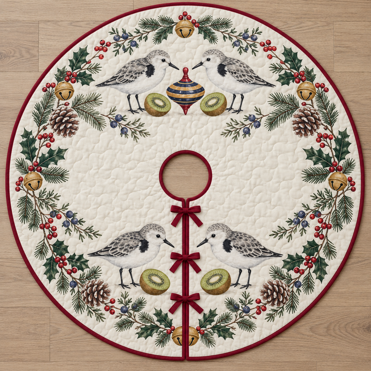 One ivory quilted circular tree skirt with four sanderlings one navy toy spinning top kiwi halves fir juniper holly ochre bells cranberry binding centered hole continuous slit three ties