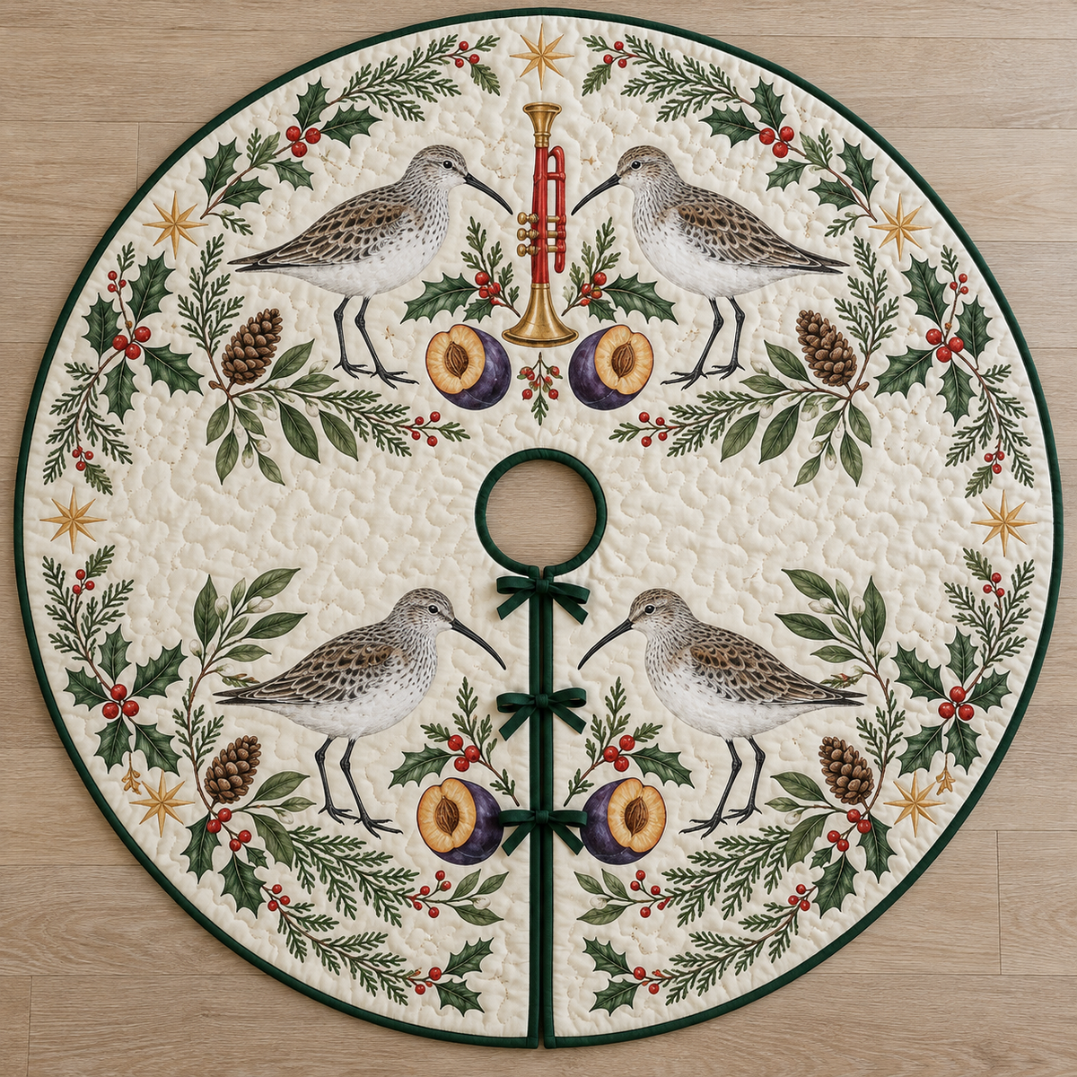 One ivory quilted circular tree skirt with four winter dunlins one cranberry toy trumpet plum halves cedar bay holly ochre stars green binding centered hole continuous slit three ties