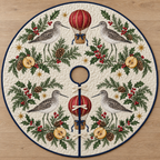 Four illustrated greenshanks surround cranberry toy hot-air balloons, quince halves, cedar cones, rosemary, holly and ochre stars on ivory with navy binding. Flat printed Christmas artwork. Includes one circular tree skirt with a center opening and tie closure. Visible sewn quilting, light fill and continuous radial opening.