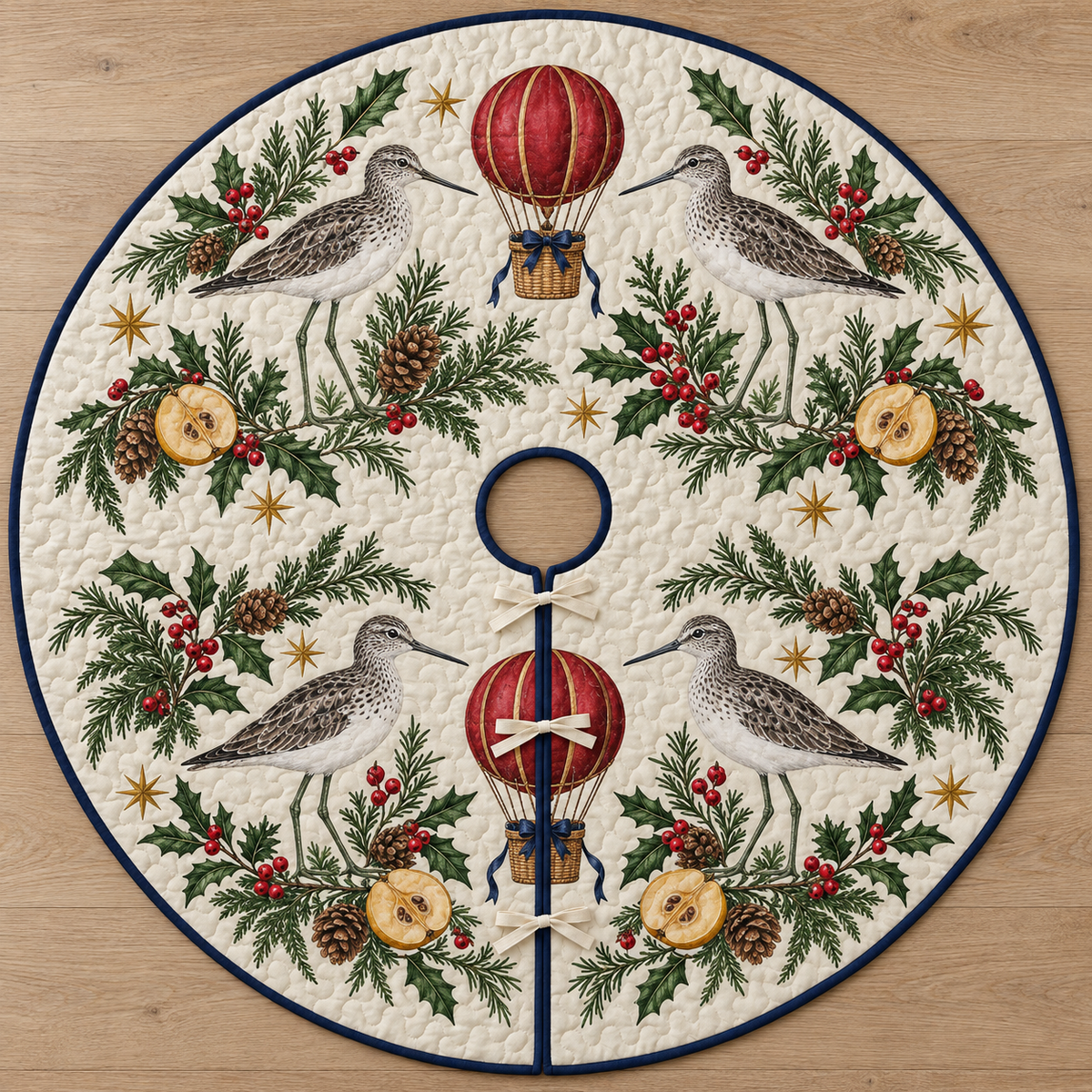 Four illustrated greenshanks surround cranberry toy hot-air balloons, quince halves, cedar cones, rosemary, holly and ochre stars on ivory with navy binding. Flat printed Christmas artwork. Includes one circular tree skirt with a center opening and tie closure. Visible sewn quilting, light fill and continuous radial opening.