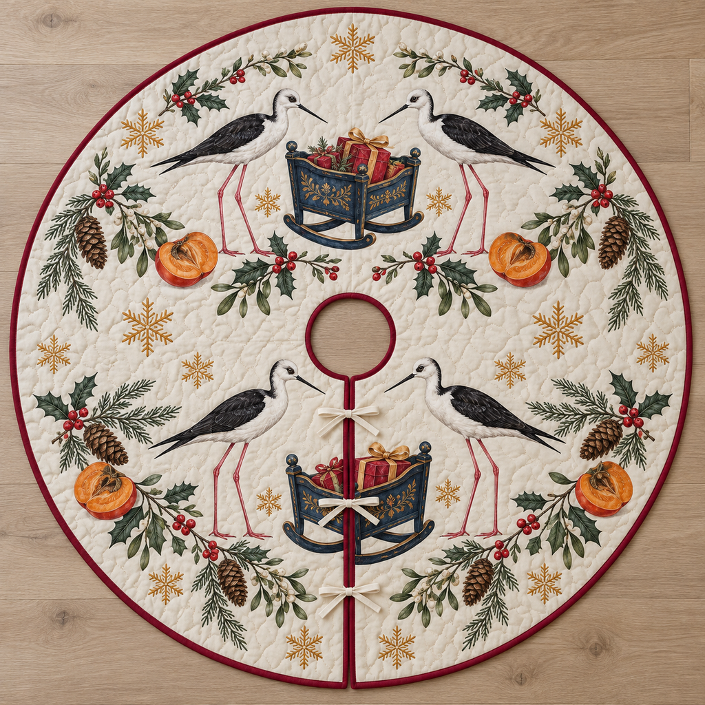 Four illustrated black-winged stilts frame navy toy rocking cradles holding cranberry gifts, with persimmon halves, cedar cones, holly, mistletoe and ochre snowflakes on ivory with cranberry binding. Flat printed Christmas artwork. Includes one circular tree skirt with a center opening and tie closure. Visible sewn quilting and continuous radial opening.