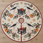 Four illustrated black-winged stilts frame navy toy rocking cradles holding cranberry gifts, with persimmon halves, cedar cones, holly, mistletoe and ochre snowflakes on ivory with cranberry binding. Flat printed Christmas artwork. Includes one circular tree skirt with a center opening and tie closure. Visible sewn quilting and continuous radial opening.