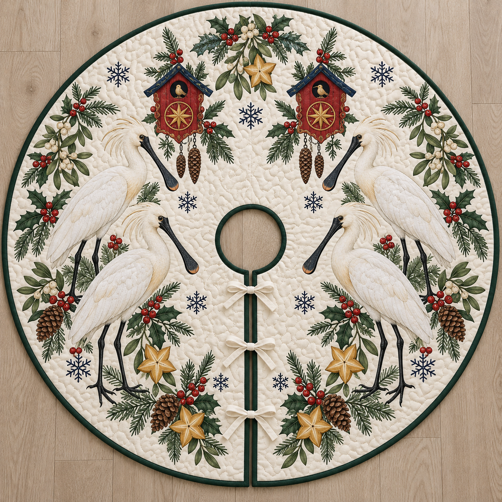 Four illustrated Eurasian spoonbills frame cranberry toy cuckoo clocks with navy roofs, starfruit slices, cedar cones, holly, mistletoe and navy snowflakes on ivory with forest green binding. Flat printed Christmas artwork. Includes one circular tree skirt with a center opening and tie closure. Visible sewn quilting and continuous radial opening.