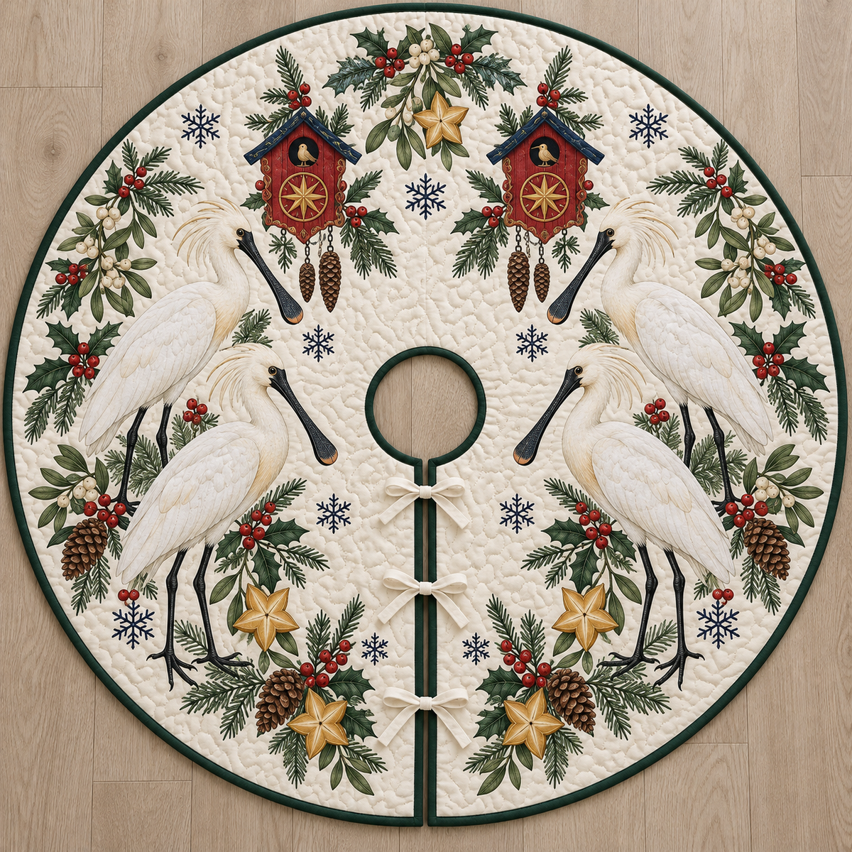 Four illustrated Eurasian spoonbills frame cranberry toy cuckoo clocks with navy roofs, starfruit slices, cedar cones, holly, mistletoe and navy snowflakes on ivory with forest green binding. Flat printed Christmas artwork. Includes one circular tree skirt with a center opening and tie closure. Visible sewn quilting and continuous radial opening.