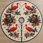 Four illustrated scarlet ibises frame navy toy music boxes with ochre accents, blood orange halves, cedar cones, holly, rosemary and ochre snowflakes on ivory with navy binding. Flat printed Christmas artwork. Includes one circular tree skirt with a center opening and tie closure. Visible sewn quilting and continuous radial opening.