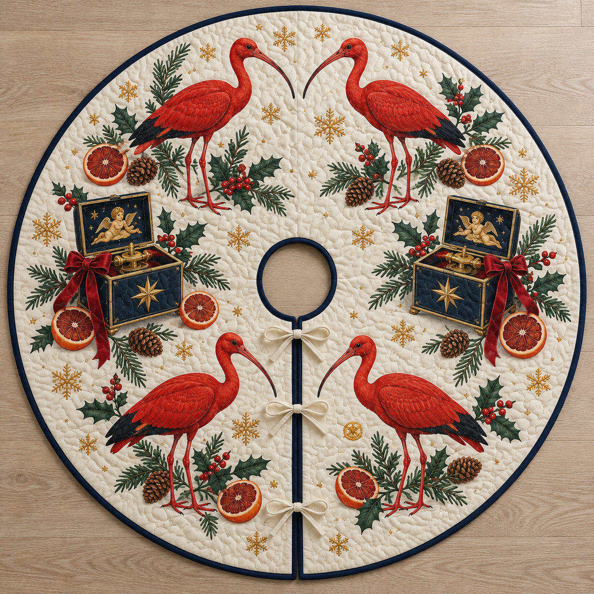 Four illustrated scarlet ibises frame navy toy music boxes with ochre accents, blood orange halves, cedar cones, holly, rosemary and ochre snowflakes on ivory with navy binding. Flat printed Christmas artwork. Includes one circular tree skirt with a center opening and tie closure. Visible sewn quilting and continuous radial opening.