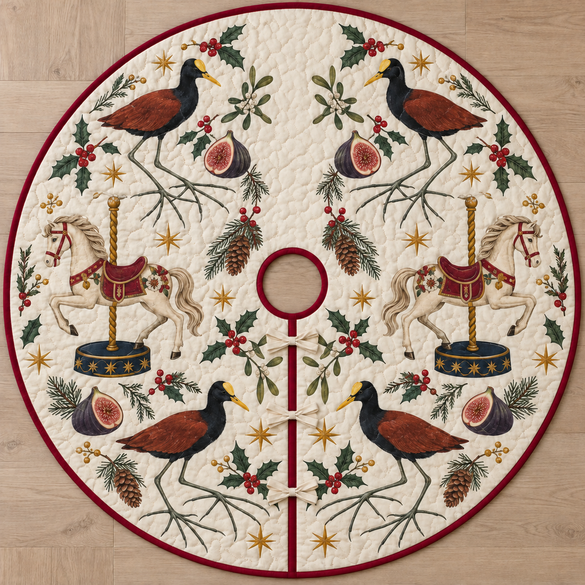 Four illustrated northern jacanas frame cream toy carousel horses with cranberry saddles on navy pedestals, with fig halves, cedar cones, holly, mistletoe and ochre stars on ivory with cranberry binding. Flat printed Christmas artwork. Includes one circular tree skirt with a center opening and tie closure. Visible sewn quilting and continuous radial opening.