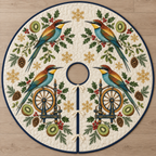 Four illustrated European bee-eaters frame ochre and navy toy spinning wheels, with kiwi halves, cedar cones, holly, mistletoe and ochre snowflakes on ivory with navy binding. Flat printed Christmas artwork. Includes one circular tree skirt with a center opening and tie closure. Visible sewn quilting and continuous radial opening.