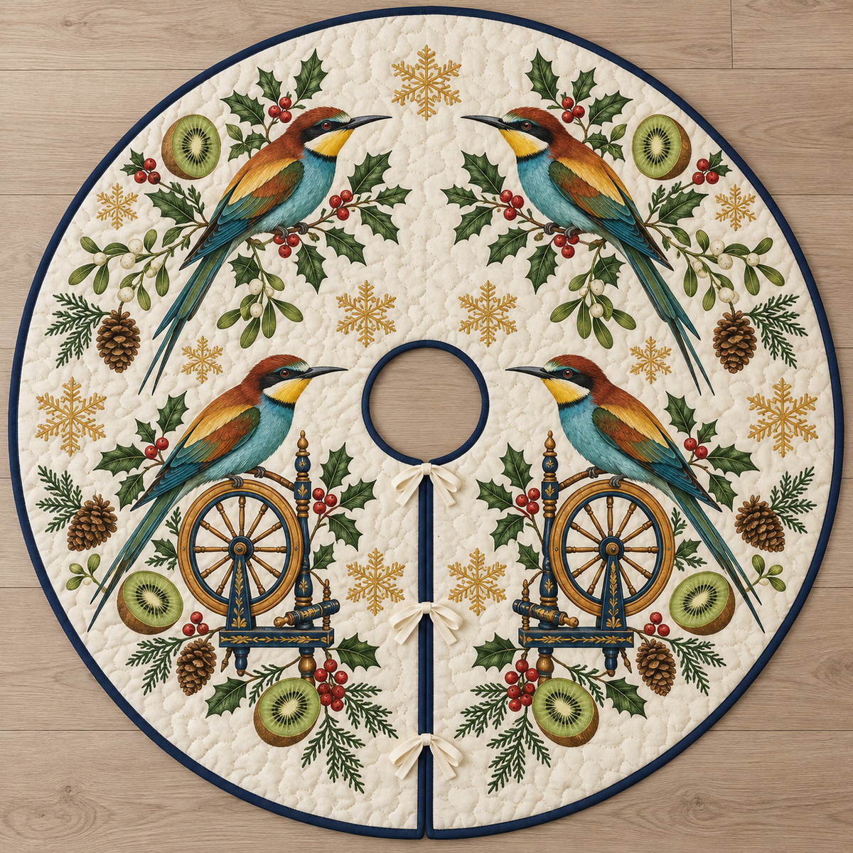 Four illustrated European bee-eaters frame ochre and navy toy spinning wheels, with kiwi halves, cedar cones, holly, mistletoe and ochre snowflakes on ivory with navy binding. Flat printed Christmas artwork. Includes one circular tree skirt with a center opening and tie closure. Visible sewn quilting and continuous radial opening.