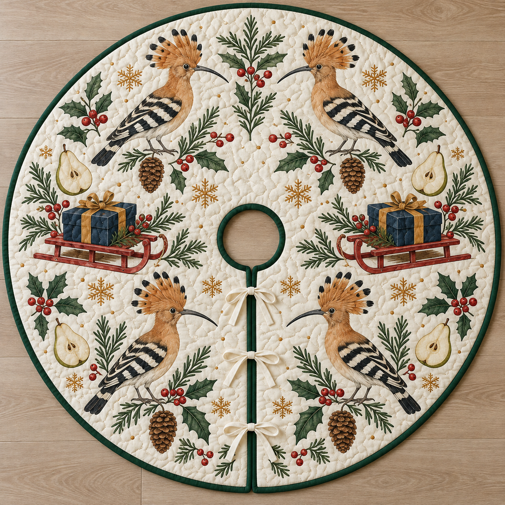 Four illustrated Eurasian hoopoes frame cranberry toy sleds carrying navy gifts with ochre bows, with pear halves, cedar cones, holly, rosemary and ochre snowflakes on ivory with forest green binding. Flat printed Christmas artwork. Includes one circular tree skirt with a center opening and tie closure. Visible sewn quilting and continuous radial opening.